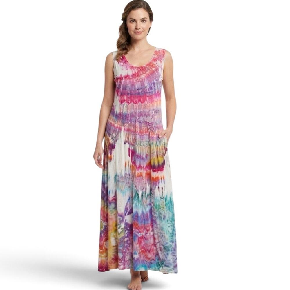 DHARMA Sleeveless Maxi Tie Dye Dress Bohemian Flowy Colorful Large